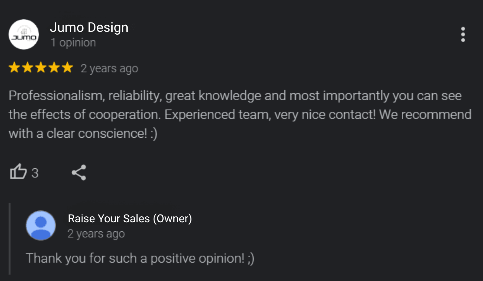 Recensione Google di un cliente del marchio Jumo sulla collaborazione con Raise Your Sales