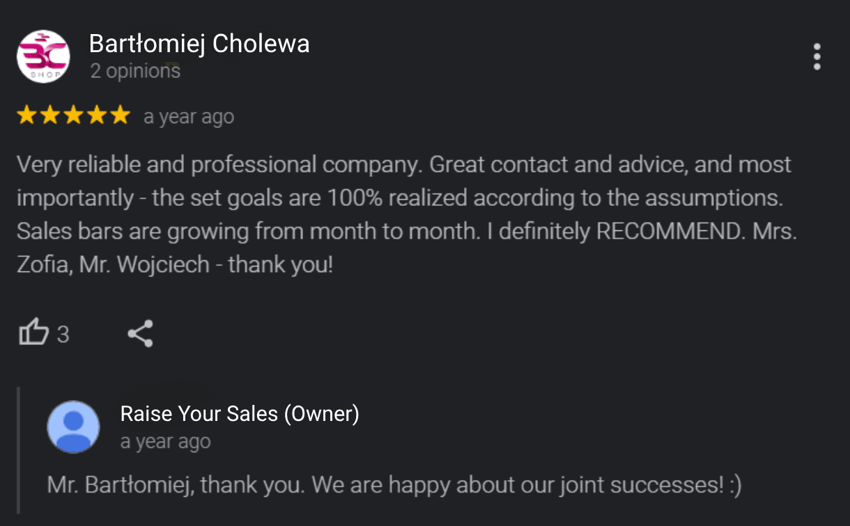 Recensione Google di un cliente del marchio Lakma sulla collaborazione con Raise Your Sales