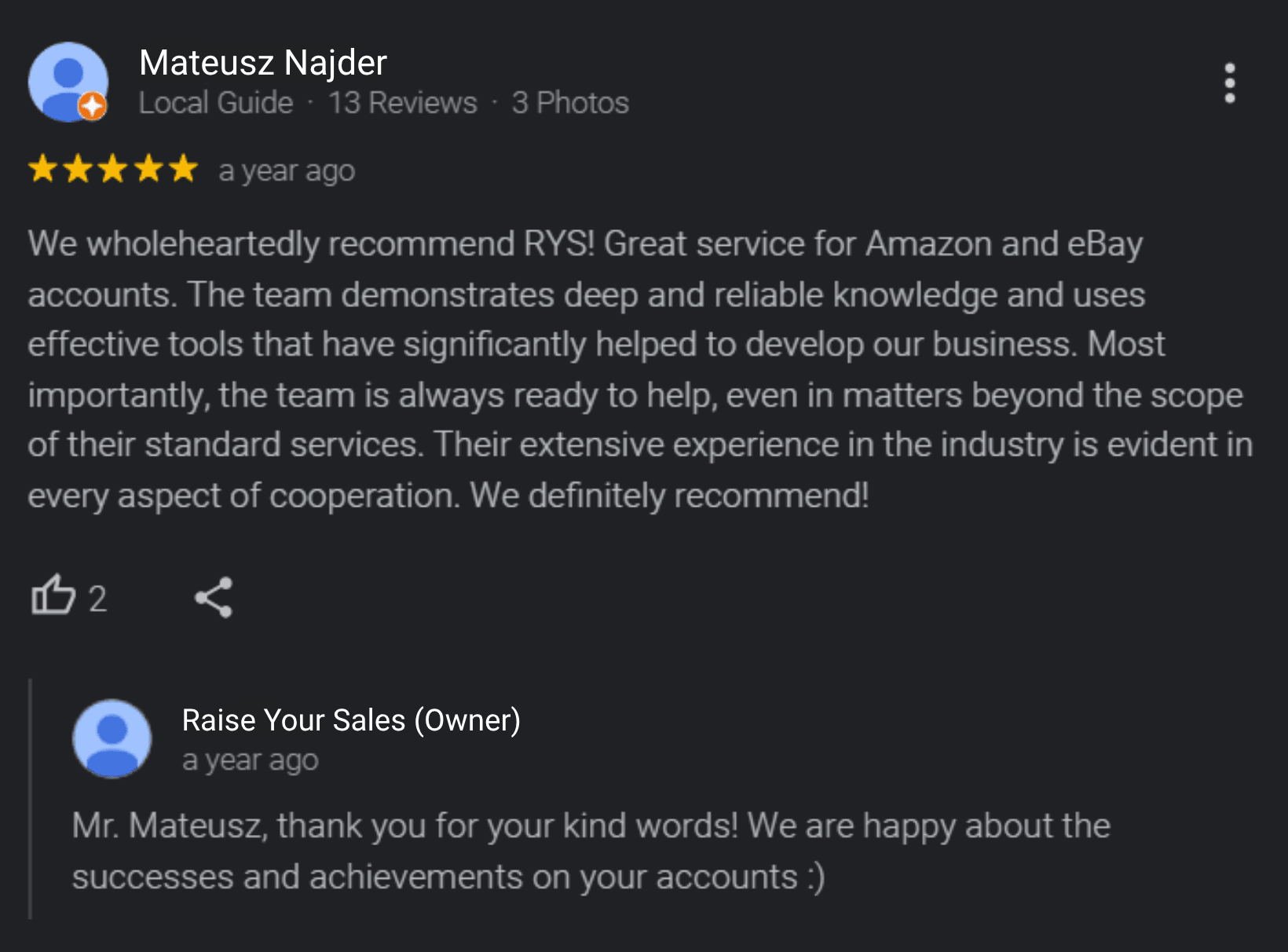 Recensione Google di Mateusz Najder sulla collaborazione con Raise Your Sales