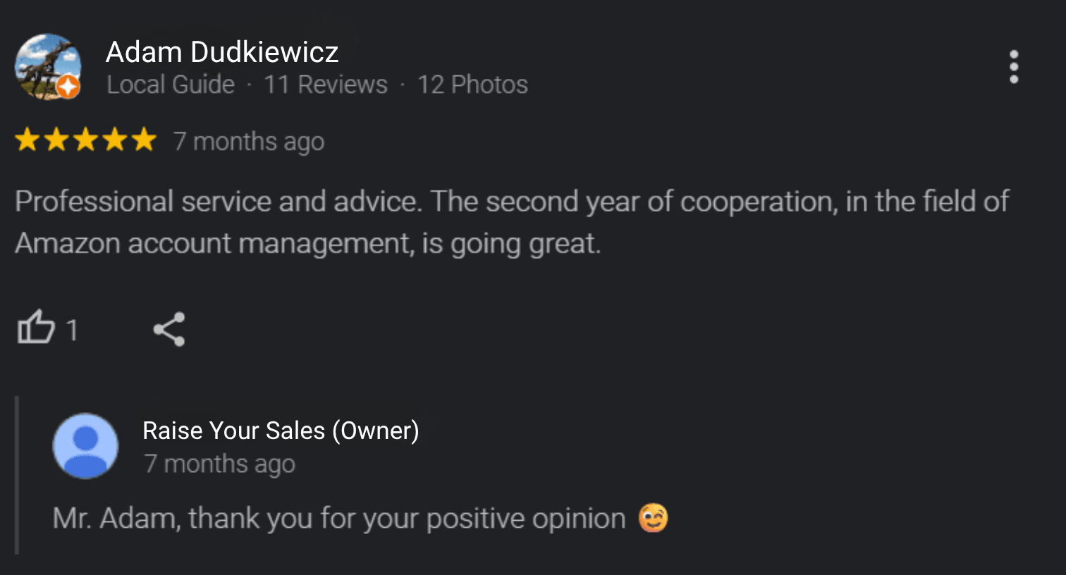 Recensione Google di un cliente del marchio RoadEU sulla collaborazione con Raise Your Sales