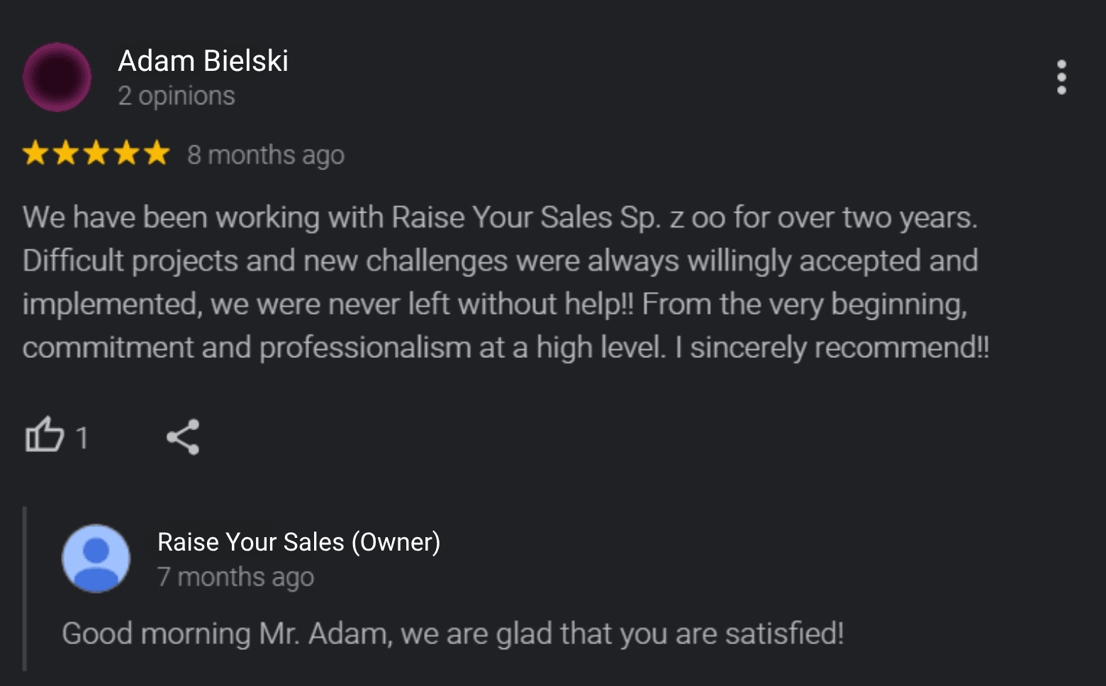 Recensione Google di un cliente del marchio SuperProfile sulla collaborazione con Raise Your Sales