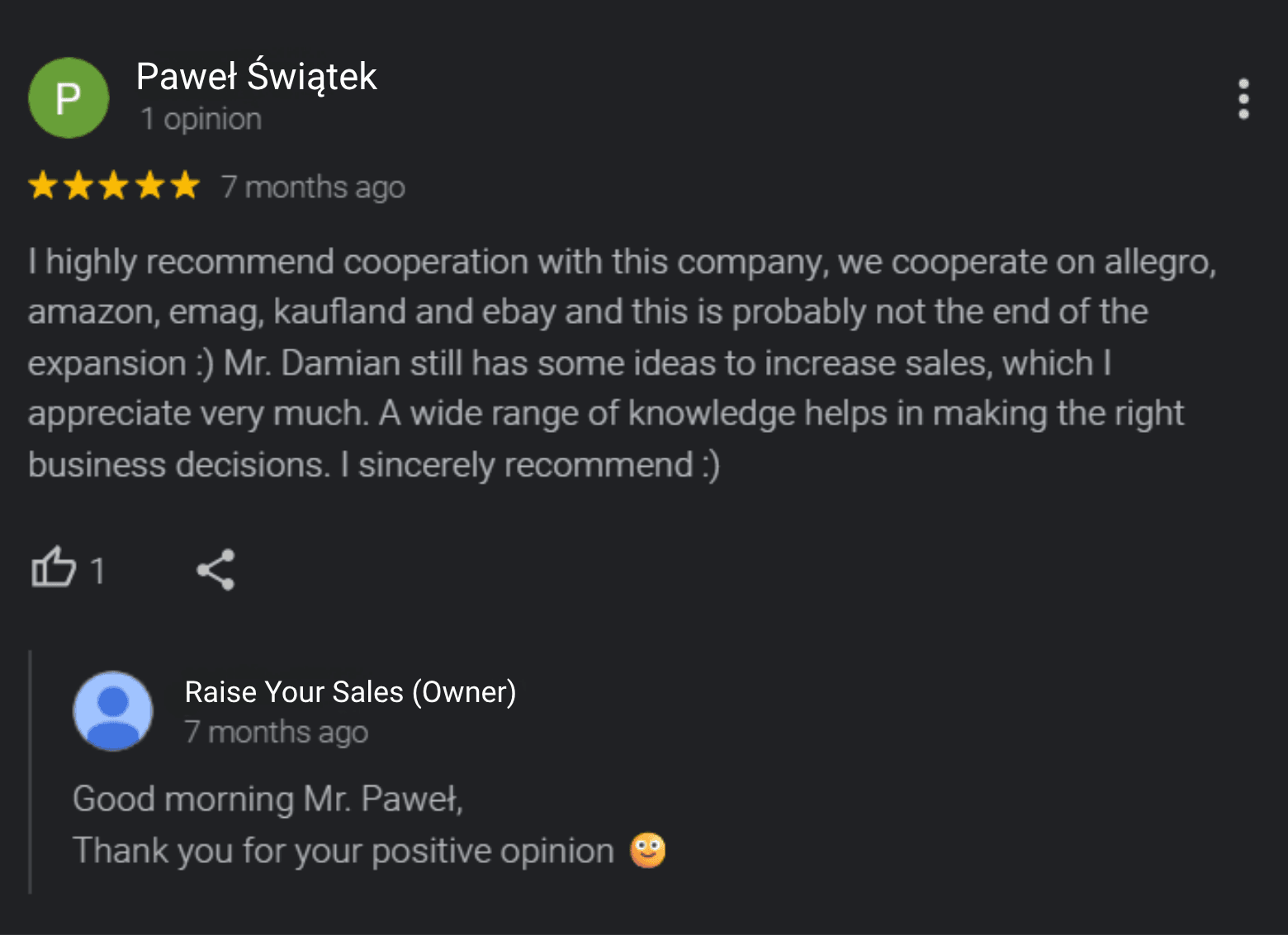 Recensione Google di un cliente del marchio Taphiceros sulla collaborazione con Raise Your Sales