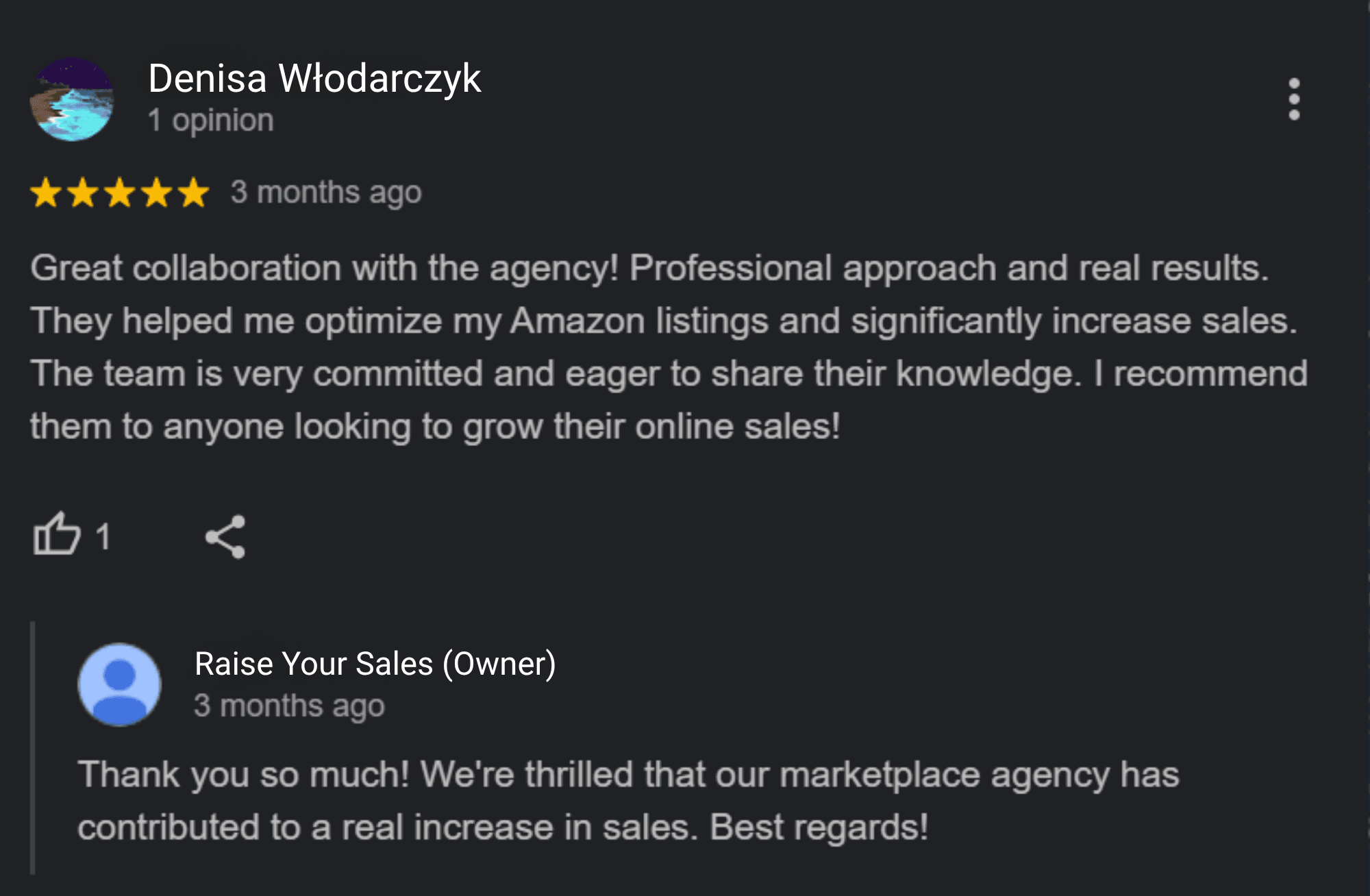 Recensione Google di un cliente del marchio Wamar sulla collaborazione con Raise Your Sales