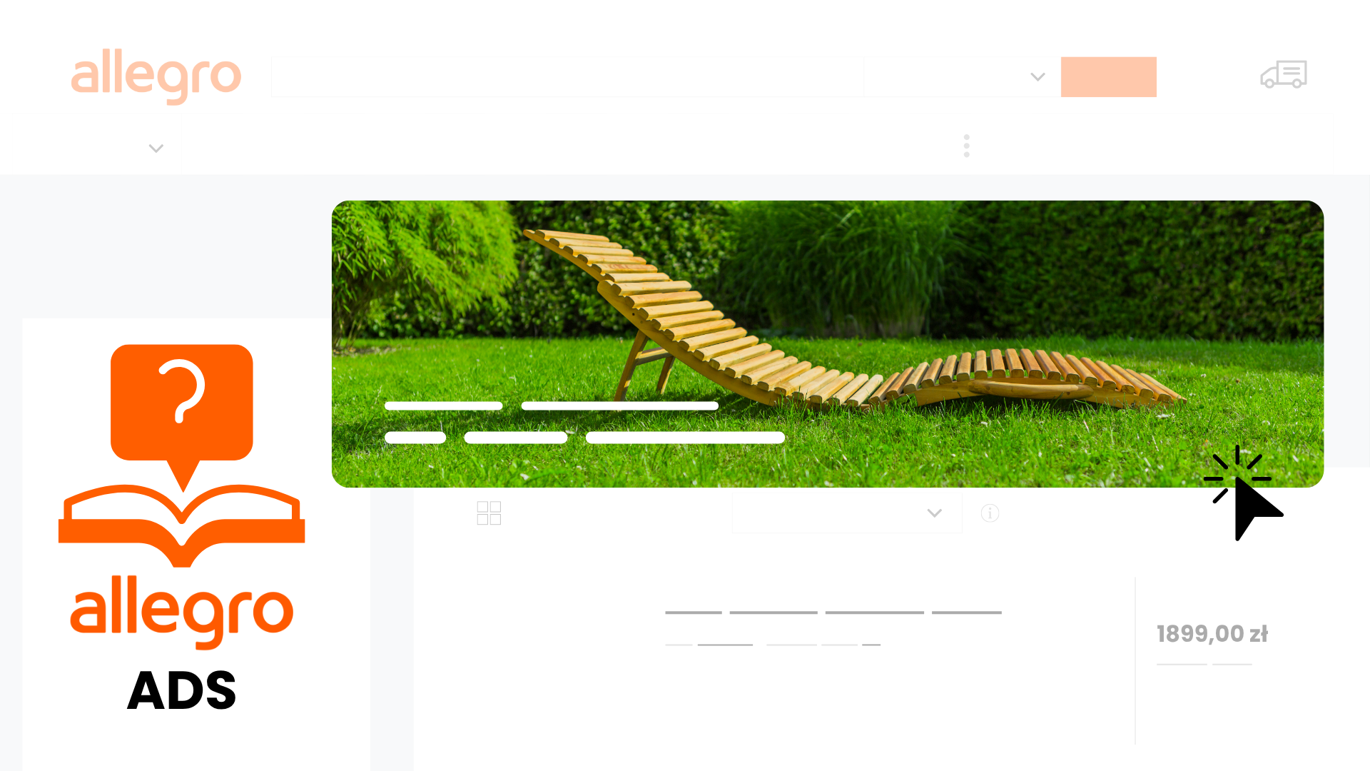 Mockup di una pagina Allegro con banner pubblicitario: sdraio in legno sul prato e cursore che clicca l’annuncio Allegro ADS