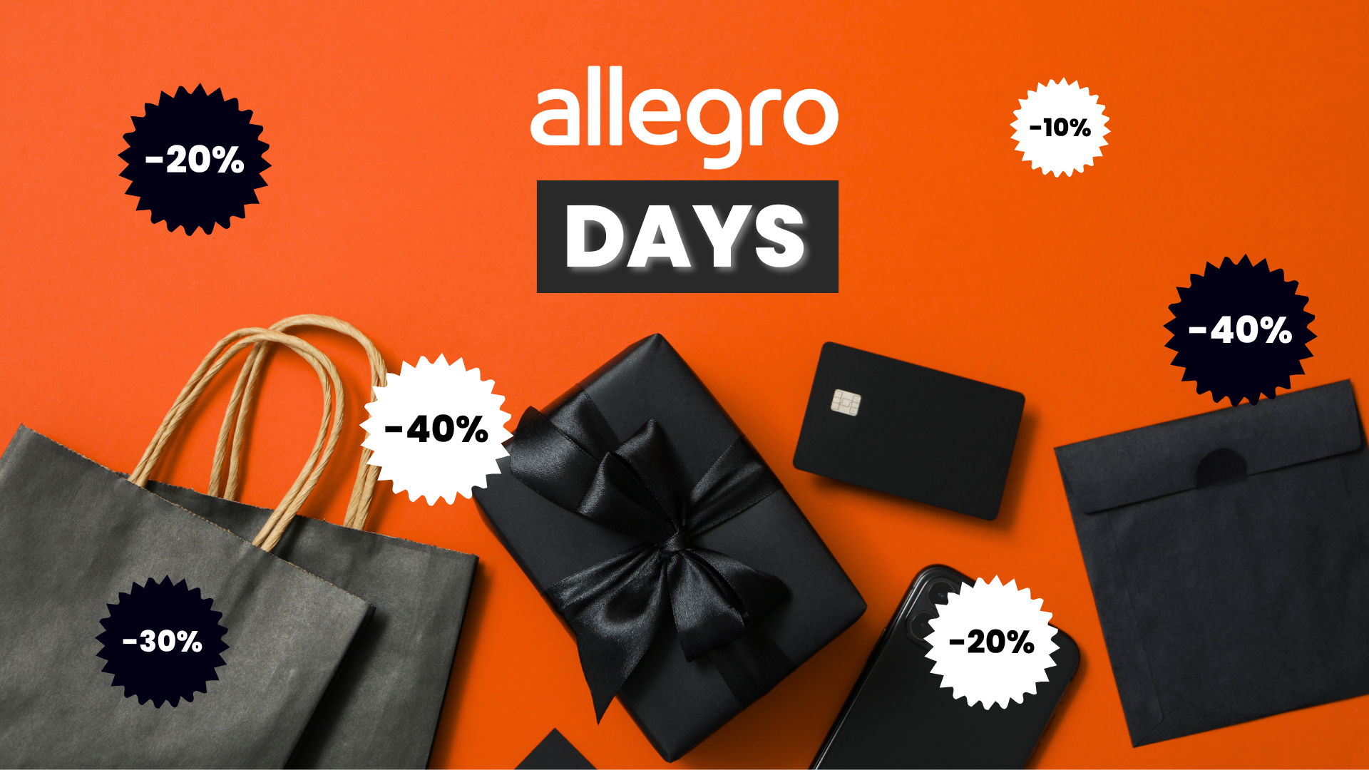 Logo Allegro Days su sfondo arancione, shopper di carta, un regalo, una carta di pagamento e bollini sconto da -10 % a -40 %