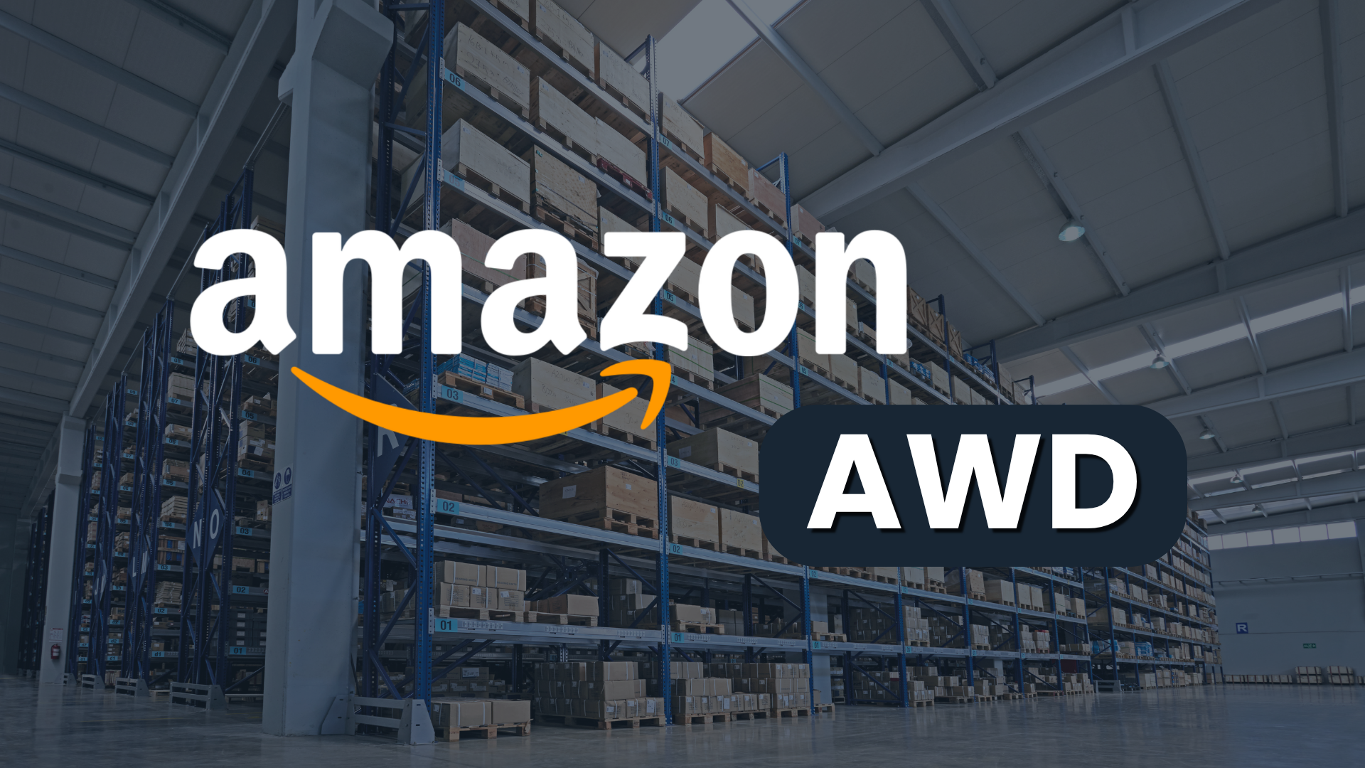 Logo Amazon e scritta AWD su uno sfondo di alte scaffalature con pallet e scatoloni in un magazzino all'ingrosso