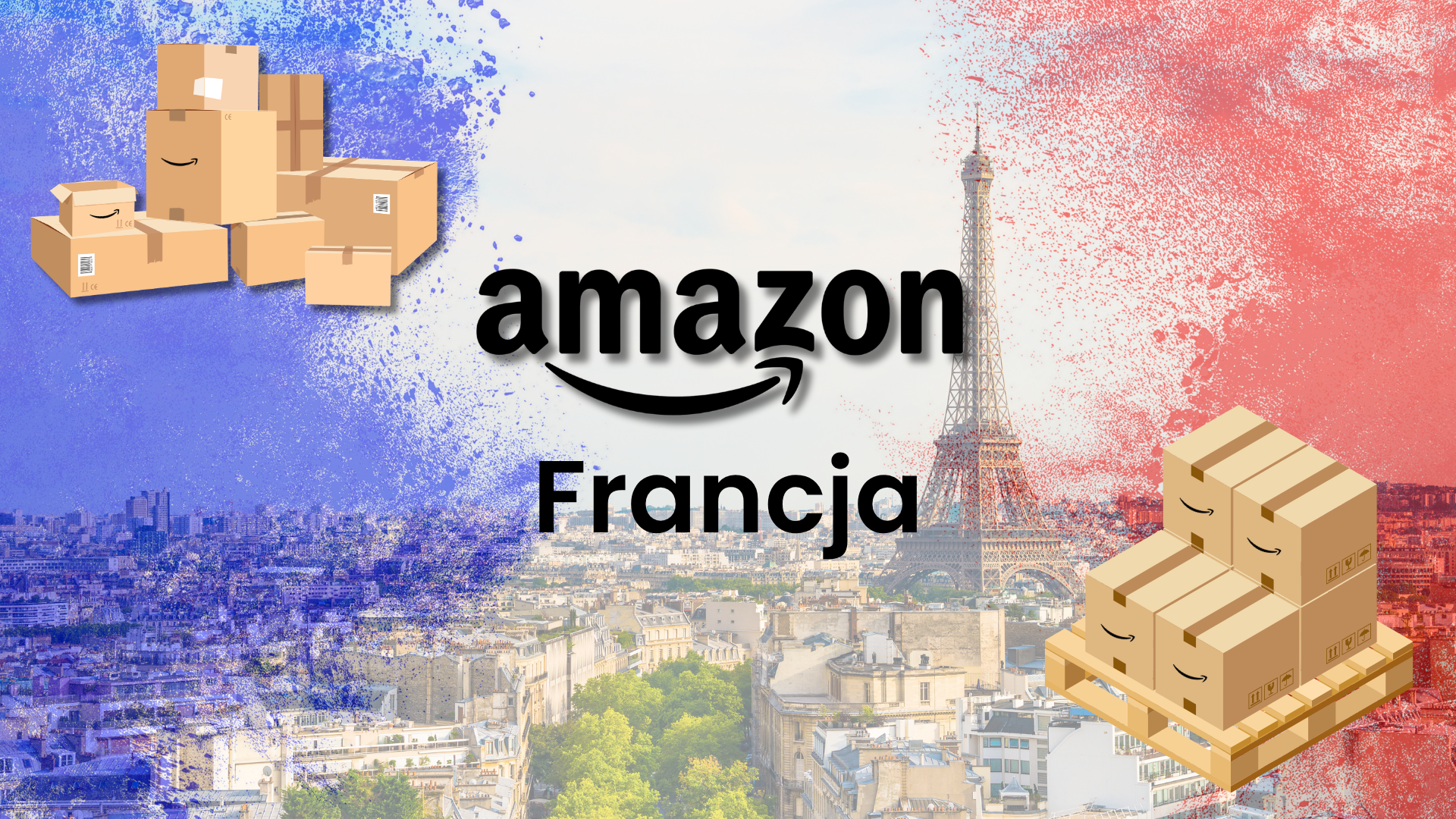 Logo Amazon con la scritta Francia, la Torre Eiffel e il panorama di Parigi nei colori della bandiera, tra pile di scatoloni