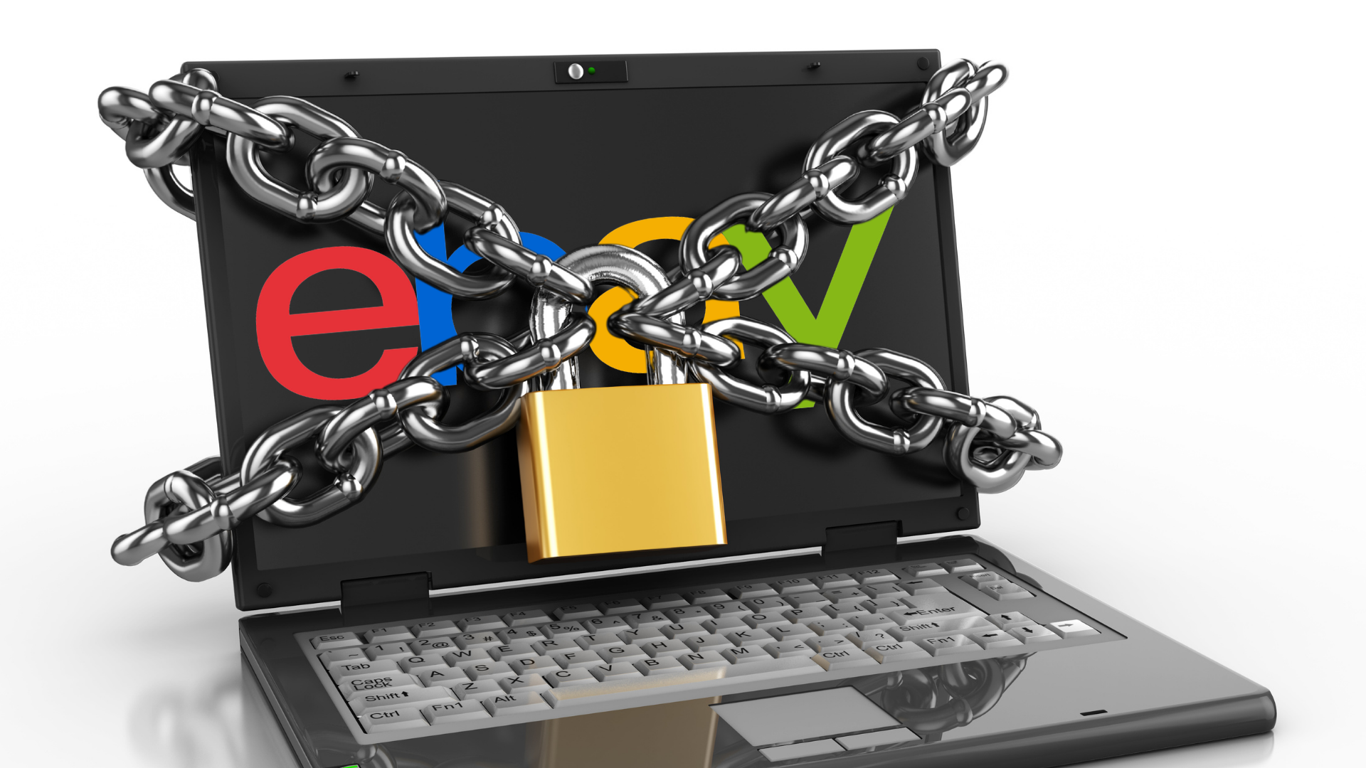 Portatile con il logo eBay sullo schermo, avvolto da catene e chiuso da un lucchetto dorato: simbolo del blocco dell'account