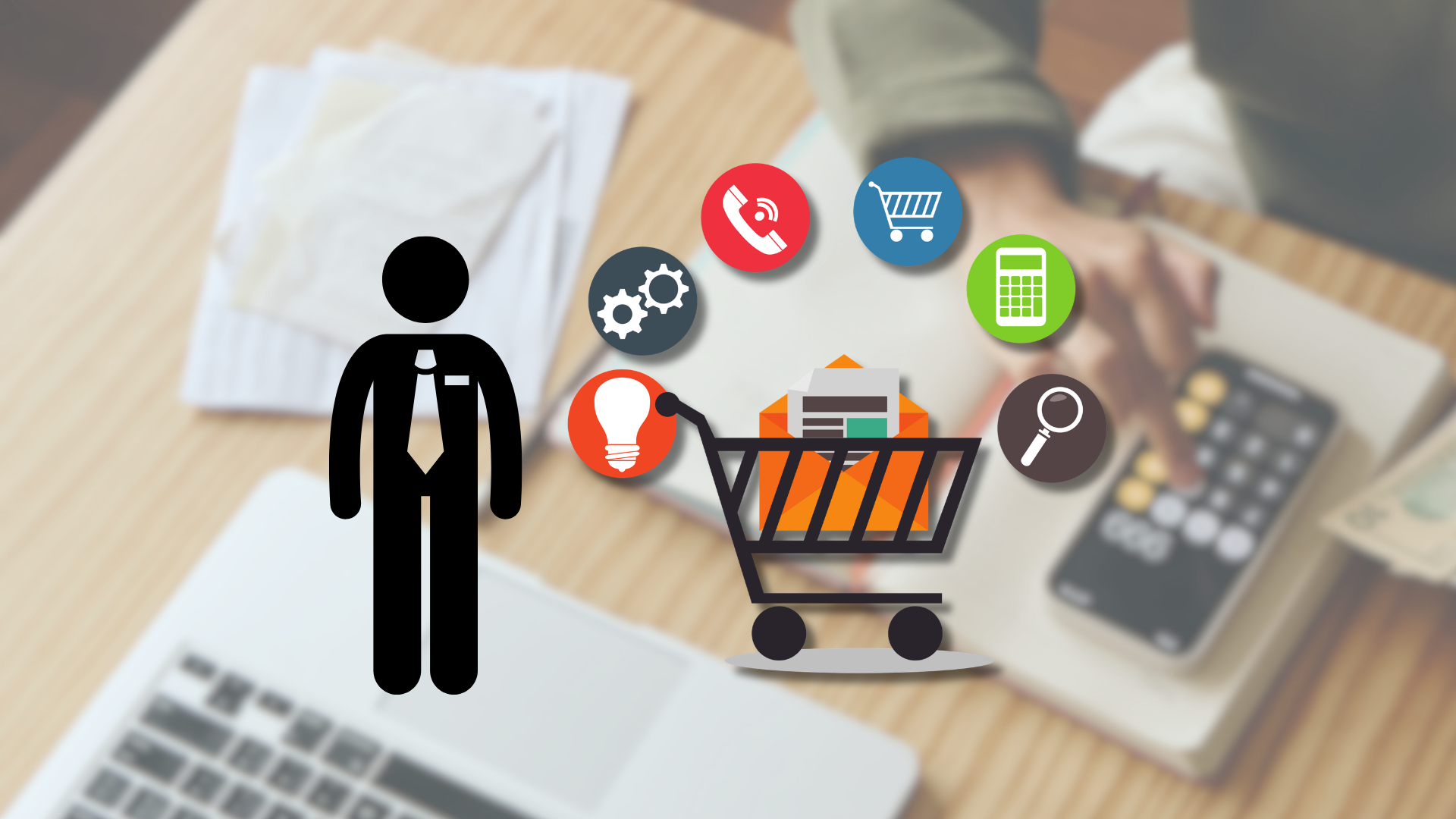 Pittogramma di un manager, un carrello e icone di telefono, calcolatrice e lente – mansioni dell'E-commerce Manager