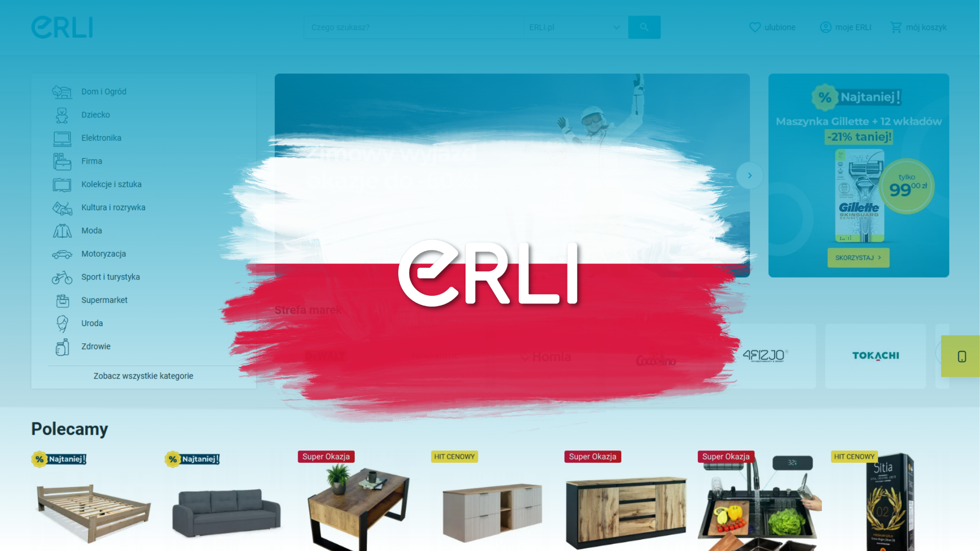 Logo ERLI sulla bandiera bianca e rossa, sullo sfondo erli.pl con le categorie Casa e Giardino, Moda, Elettronica e Bellezza