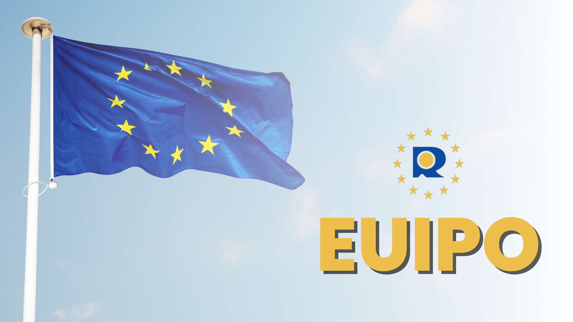 Bandiera dell'UE su un pennone contro il cielo, con logo e scritta dorata EUIPO – registrazione del marchio nell'UE