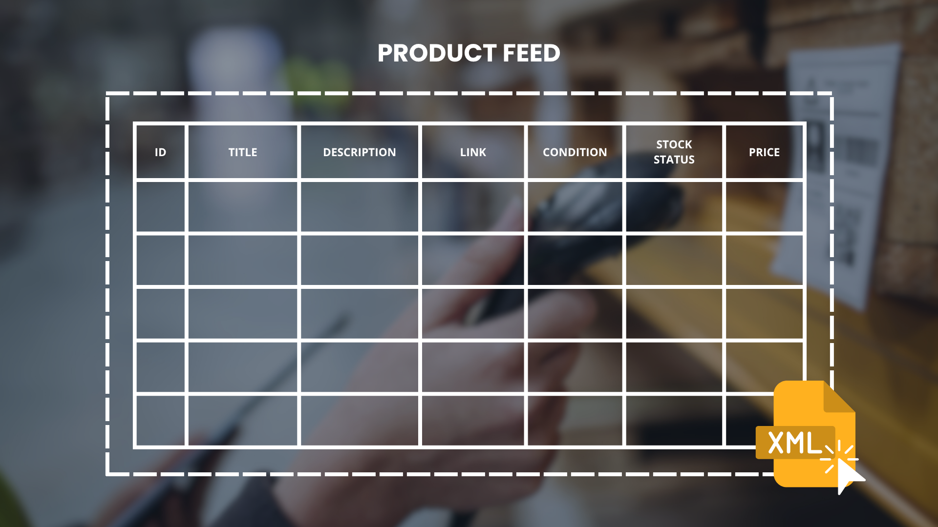 Modello di feed di prodotto: tabella con le colonne ID, title, description, link, condition, stock status, price e icona XML