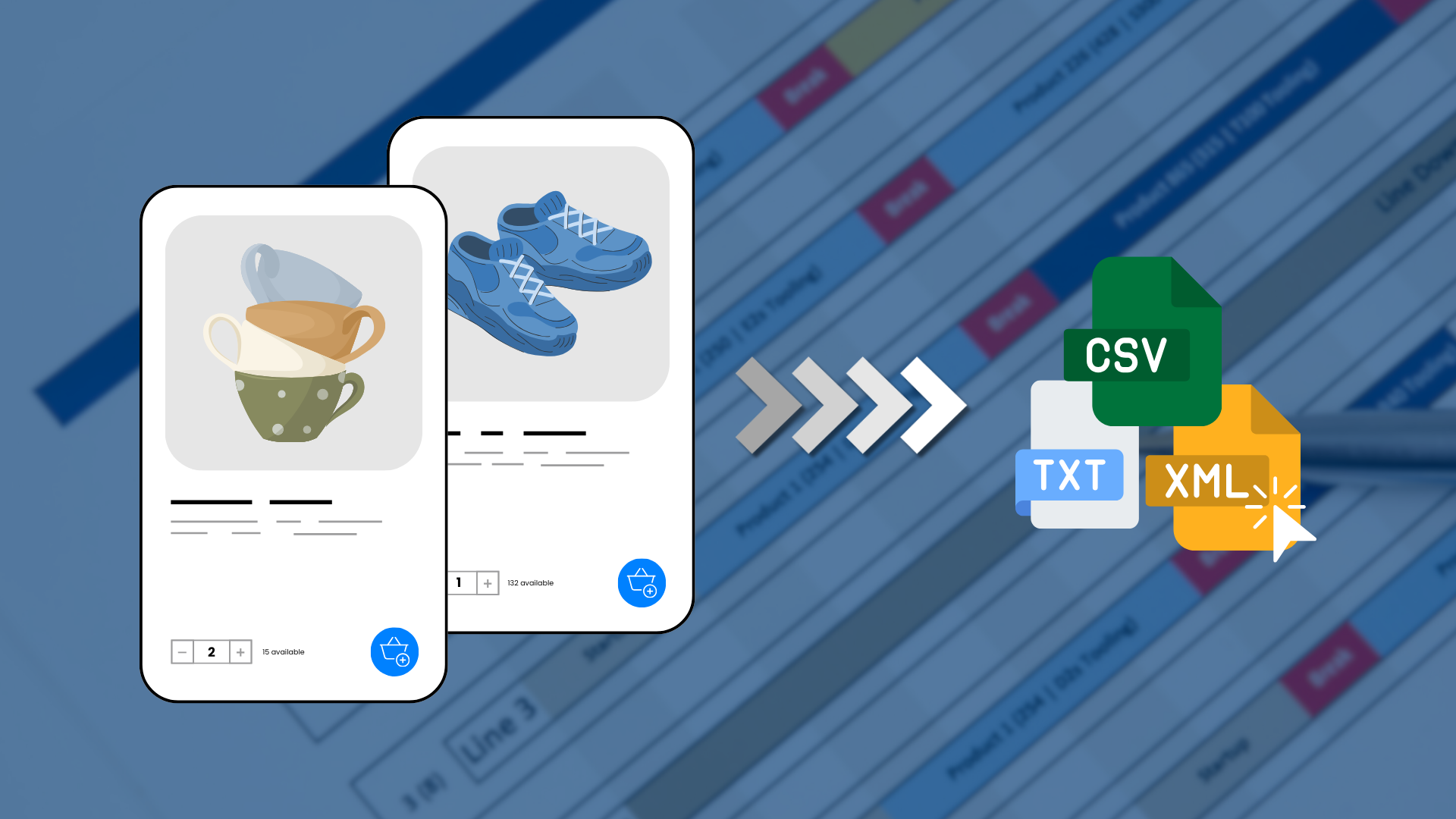 Schede prodotto con tazze e sneaker blu, e frecce verso i file CSV, TXT e XML del feed di prodotto