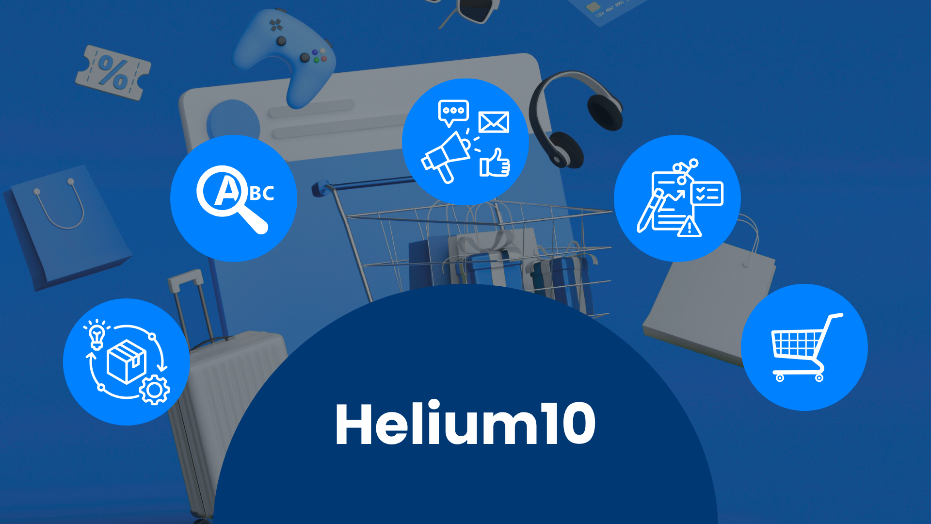 Scritta Helium10 tra icone di keyword research, pubblicità, analisi e prodotti, sullo sfondo di un carrello della spesa