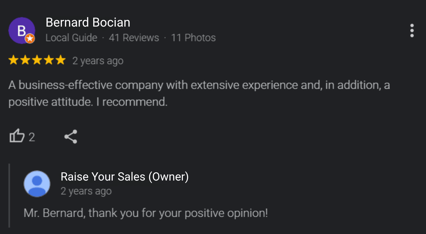 Recensione Google di un cliente del marchio Meester sulla collaborazione con Raise Your Sales