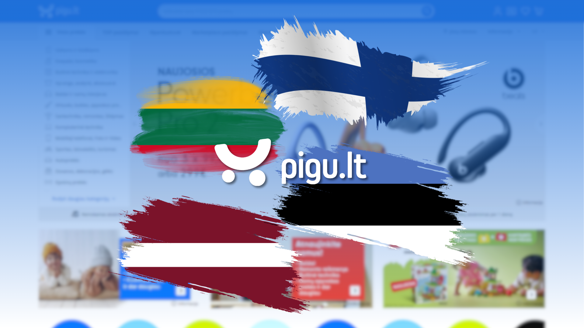 Logo di Pigu tra le bandiere di Lituania, Lettonia, Estonia e Finlandia, sullo sfondo sfocato della homepage di pigu.lt