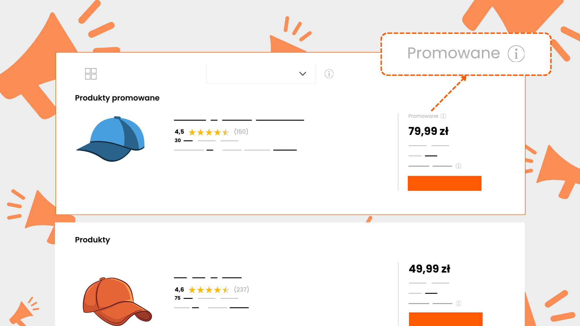 Offerte promosse su Allegro: cappellino blu con l’etichetta «Promowane» tra i prodotti promossi, sopra le offerte normali