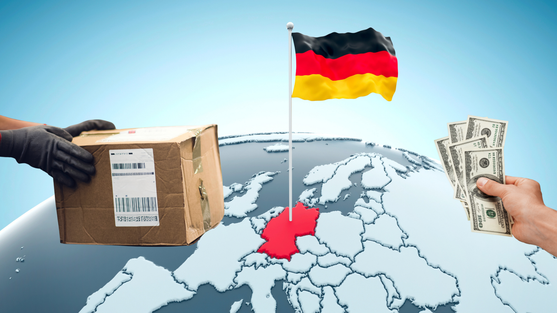 Vendere in Germania: bandiera tedesca piantata sulla Germania in una mappa d'Europa, pacco da corriere e banconote in mano