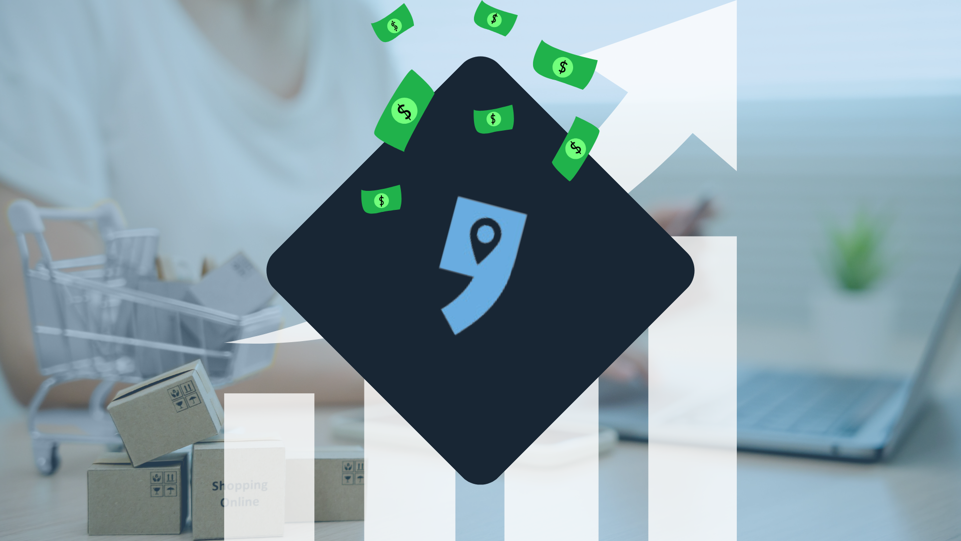 Logo di Empik in un rombo, banconote che cadono e grafico a barre in crescita – quanto rende vendere su Empik Marketplace