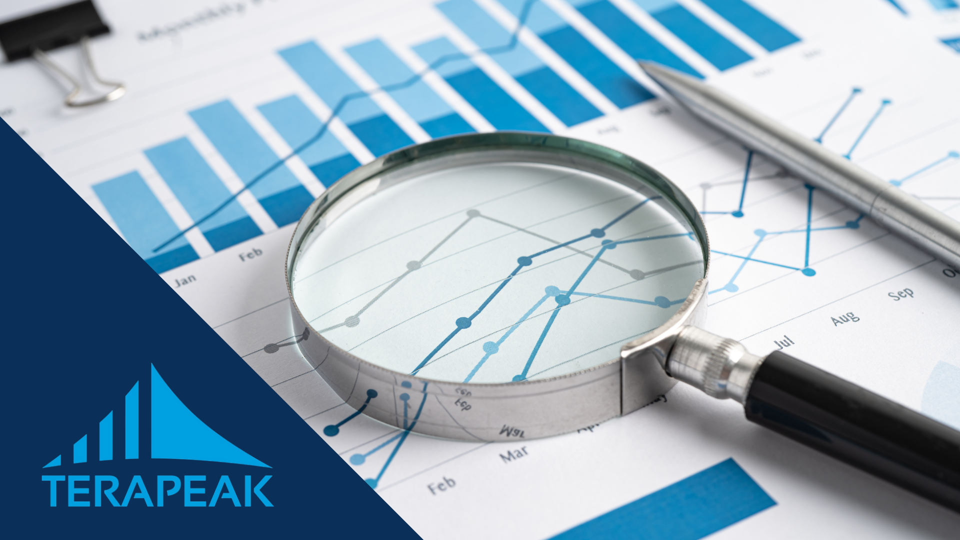 Lente d'ingrandimento e penna su grafici di vendita stampati con il logo Terapeak, strumento per studiare la domanda su eBay